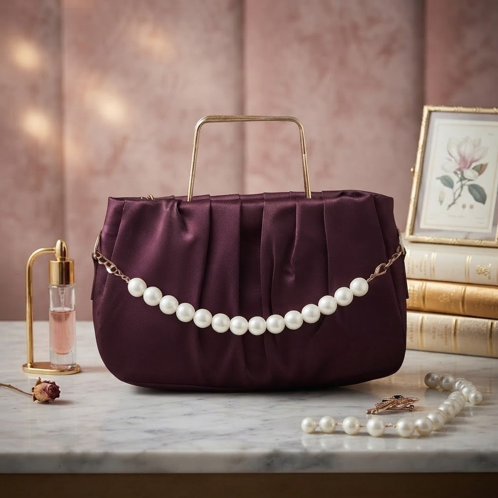 Elegant Pleated Maroon Handbag with Pearl Detail